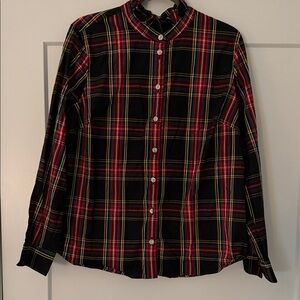 Women’s J.Crew Black and Red Plaid Shirt with jeweled buttons.